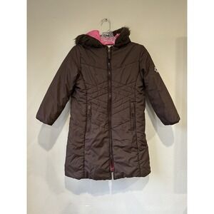 Girls Arizona Coat Size 7/8 Puffer Faux Fur Hood Brown Pink Lined‎